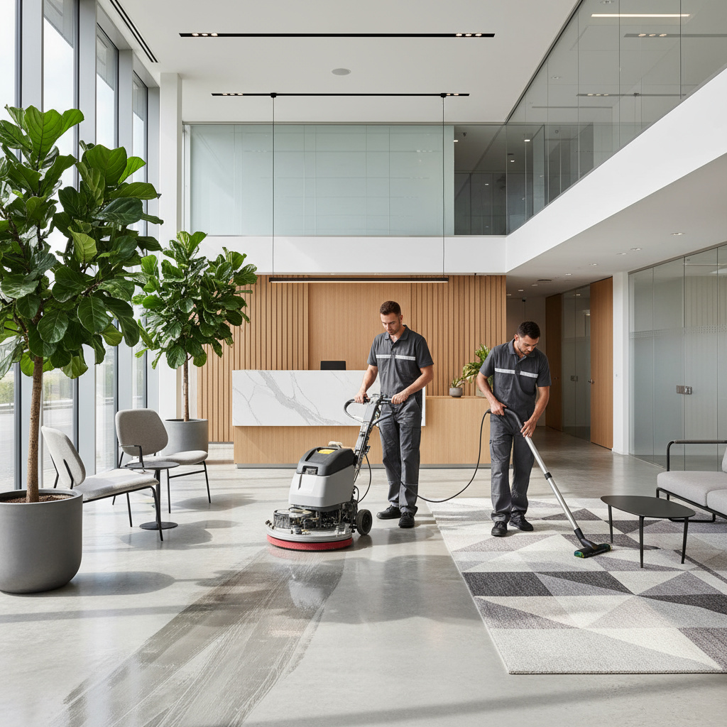 Notaviq team cleaning a modern office lobby