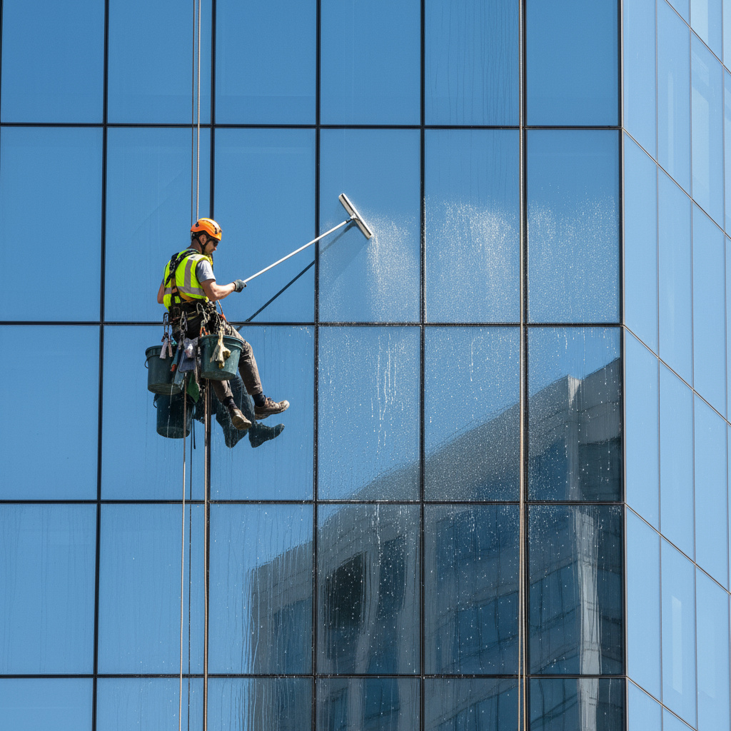 Technician cleaning a building façade